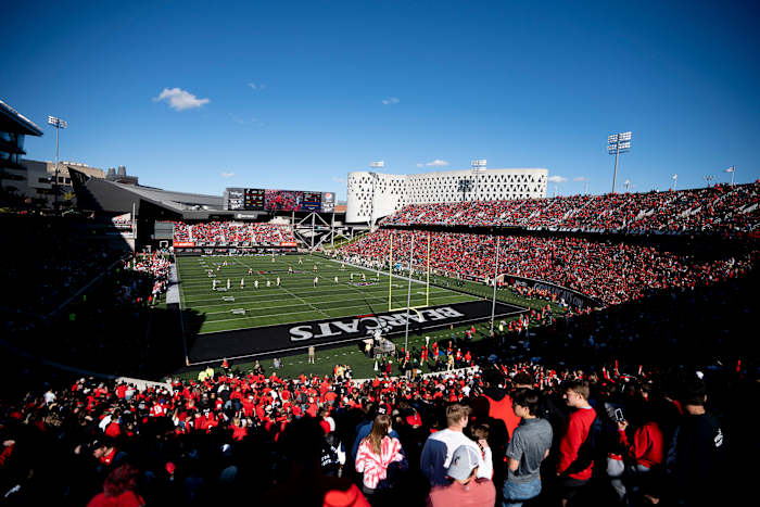 Cincinnati Bearcats fans look on before the third quarter of the NCAA Football game between the Cincinnati Bearcats and the South Florida Bulls at Nippert Stadium in Cincinnati on Saturday, Oct. 8, 2022. South Florida Bulls At Cincinnati Bearcats 544